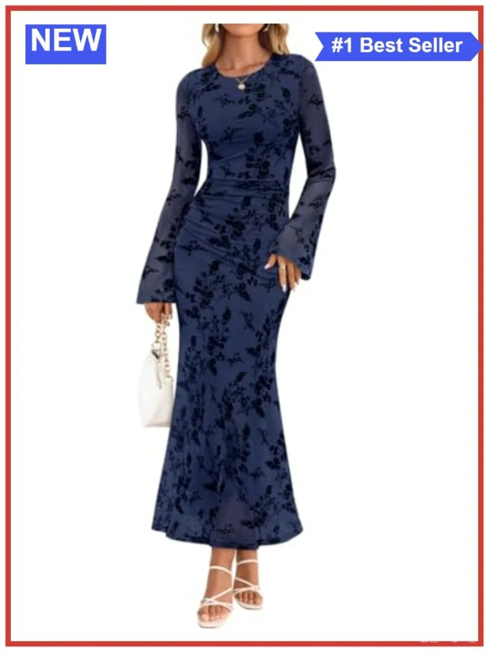 Long Sleeve Floral Bodycon Ruched Mesh Maxi Dress Formal